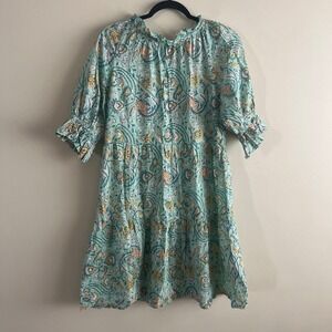 The Fox and the Mermaid Seafoam Block Print Cotton Tiered Mini Dress Size S
